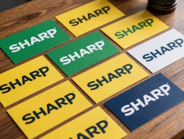 Sharp photography of creative brand guidelines spread out on a wooden table, showcasing logo variants in green, yellow, and navy blue.