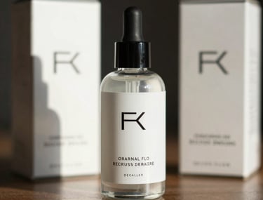 Photography of luxury skincare packaging with minimalist black typography on white glass bottles, reflecting an international high-end aesthetic.