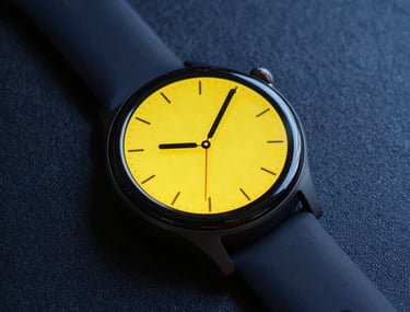 High-contrast photography of a sleek smart watch with a bright yellow interface against a dark blue textured background, dynamic studio lighting.