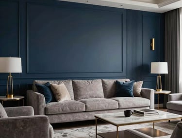 An elegant interior view of a modern living room featuring classic yet modern furniture, dark blue walls, and gold light fixtures. Professional architectural photography.