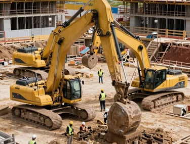 High-resolution photography of a large-scale construction site at the foundation stage, showing modern machinery and organized management. Global Professional / International.