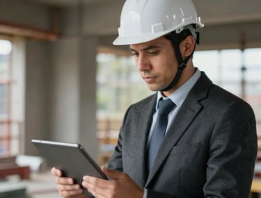 A professional portrait of an architect at a construction site, wearing a white helmet and looking at a digital tablet. Global Professional / International.