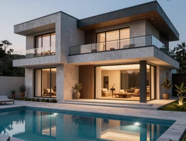 A photorealistic 3D render of a modern villa exterior with a pool, shot at twilight to highlight architectural lighting and texture. Global Professional / International.