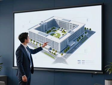 High-resolution photography of a professional consultant in business attire presenting a 3D architectural rendering on a large digital screen. The room is a high-end office with deep blue and charcoal accents, Global Professional / International.