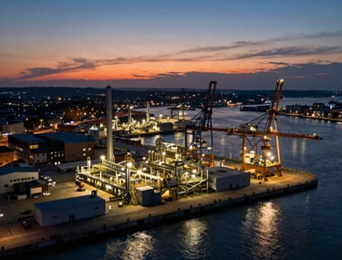 Sunset over a European industrial port, captured by a drone. The lights of the facility twinkle like stars against the deep dark blue sky.