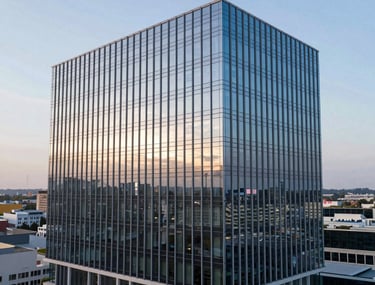 Wide shot of a modern glass office building reflecting the sky at dusk, shot from a professional drone. Steel blue and pearl white tones.