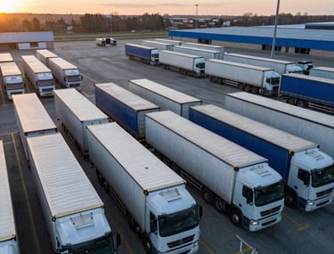 Aerial view of a logistics hub in Ukraine at sunrise. Large transport trucks are arranged neatly in a steel blue and soft gray environment. The lighting is clear and professional, emphasizing efficiency and scale.