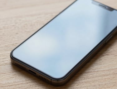 Close-up of a high-resolution smartphone screen resting on a light wood table. The reflections show a soft light blue sky. Professional photography style, emphasizing clarity and clean design.