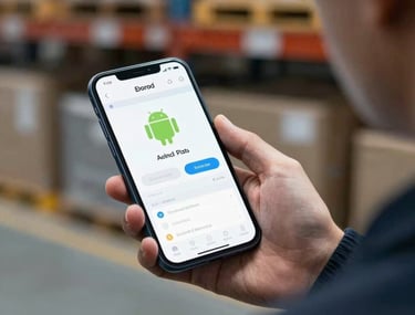 Action shot of an Android smartphone being used in a logistics setting. A professional in modern work attire holds the device, showing a clean dashboard interface. The background is a blurred warehouse with muted blue lighting.