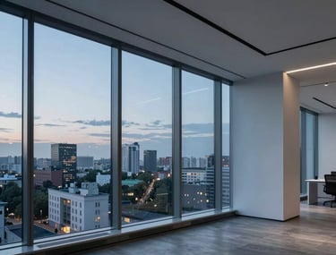 Architectural view of a sleek, minimalist tech office in Kyiv during dusk. Large windows show a city skyline with muted blue and pale blue lights. The interior is professional and forward-thinking, with slate gray and light blue accents.