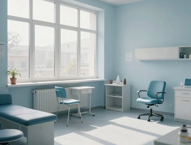 Bright, airy medical consultation room in Eastern Europe. Large windows let in soft morning light. The furniture is minimalist and modern, featuring muted blue and white tones. The atmosphere is calm and professional.