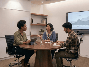 People sitting around an office table for a strategy meeting