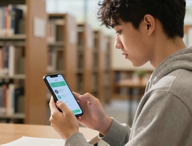 A lifestyle photo of a student in a sunny North American library using a custom Android educational app on their phone. Bright, inspiring atmosphere.