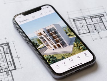 A high-angle shot of a smartphone lying on a blueprint. The screen displays a 3D architecture app. Clean, technical, and professional aesthetic.