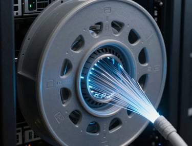 Close-up of a high-speed fiber optic cable glowing in a dark data center, representing connectivity and performance. Payne's Grey and Silver Lake Blue lighting.