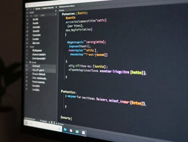 A close-up shot of code on a vertical monitor in a dark room. Lines of Kotlin are sharp and illuminated in soft Payne's Grey and Platinum. Modern North American dev setup.