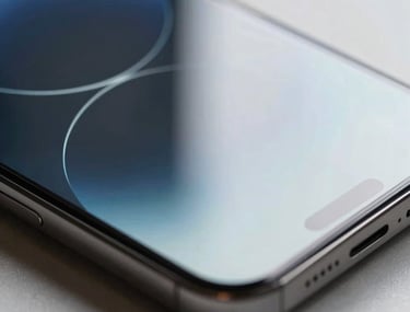 Abstract close-up of light reflecting off a glass smartphone screen. The soft glow suggests modern technology and innovation. Platinum and Silver Lake Blue palette.
