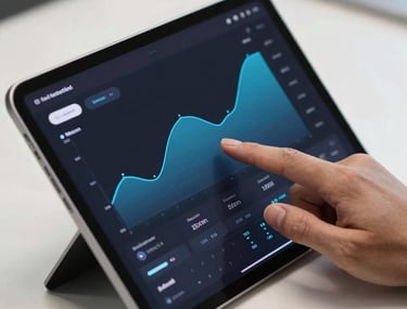 A close-up photograph of a hand interacting with a sleek Android tablet displaying a minimalist financial dashboard. Platinum and Silver Lake Blue UI elements on a dark screen. Sharp focus, professional North American office setting.