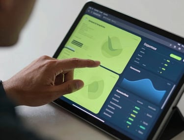 A close-up of a professional South American person interacting with a high-resolution tablet screen displaying abstract data visualizations in lime green and steel blue. Soft studio lighting, modern tech-focused atmosphere.