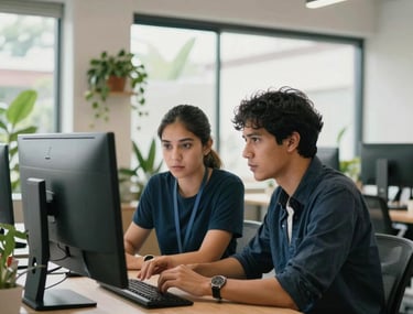 Two colleagues in a bright South American co-working space looking at a large monitor together. The office is decorated with plants and sleek furniture. Daylight, professional interaction, focus on collaboration.