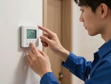 A close-up of a neat technician in a blue uniform calibrating a digital wireless home thermostat in a modern residential hallway.
