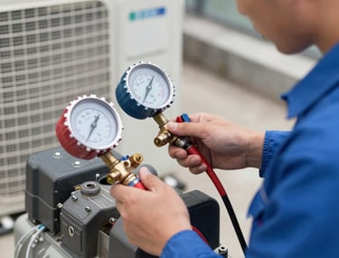 Close-up of a professional technician in a clean blue uniform checking pressures on an outdoor AC compressor using a high-precision digital manifold gauge.