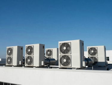 Wide angle view of a pristine office building with industrial rooftop HVAC systems installed against a deep clear blue sky, modern professional climate control.