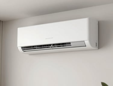 A sleek, clean white mini-split ductless air conditioner mounted high on a minimalist wall in a modern North American living room, delivering quiet cooling.