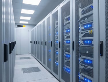 A clean, modern server room corridor in a United States tech facility with cold aisle containment, glowing light-blue indicators, conveying a perfectly cooled, crisp climate.