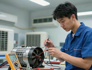 A professional air conditioning service technician in a clean workshop using specialized diagnostic multimeters to test an electric blower motor, cool bright fluorescent lighting.