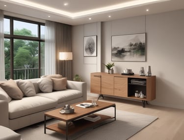 Modern 4 BHK apartment featuring panoramic windows and open living spaces.