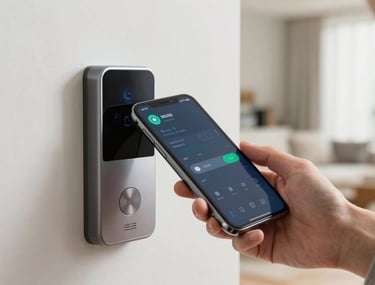 A person using a smartphone to unlock a smart home device. The setting is a bright, North American modern home. The lighting is clean and professional, focusing on user-centric innovation.