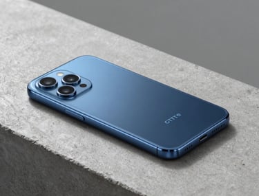 A sleek, modern Android smartphone resting on a minimalist concrete surface. Bright blue light reflects off the edges. The setting is a professional studio with North American style.