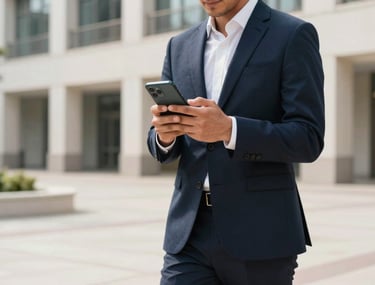 A lifestyle photograph of a professional person using an Android phone while walking through a bright, clean North American architectural plaza. The tone is inspiring and user-centric.