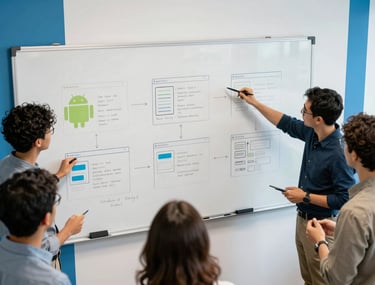 A high-angle photograph of a team brainstorming Android app wireframes on a digital white-board. The room is a bright, professional North American studio with bright blue accents.