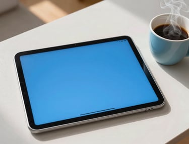 A top-down view of an Android tablet placed next to a steaming cup of coffee in a bright, modern North American home setting. The lighting is warm and inspiring, using a palette of bright blue and pale blue grey.