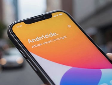 A close-up of a modern Android phone showing a vibrant, rewarding user interface with soft gradients. The lighting is crisp and highlights the device's premium build in a US urban setting.