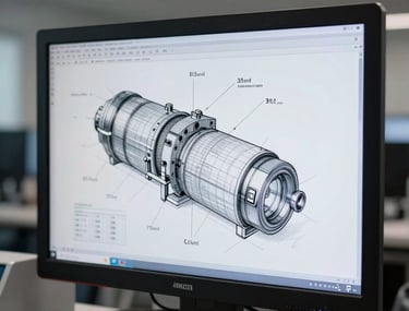 Technical drawing view of a packaging assembly on a high-resolution screen in a modern German engineering office. Soft ambient lighting, professional environment.