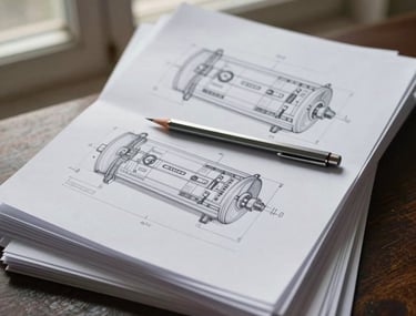 A top-down view of a stack of technical packaging drawings on high-quality paper, with a silver mechanical pencil resting on top. Soft daylight from a nearby window.