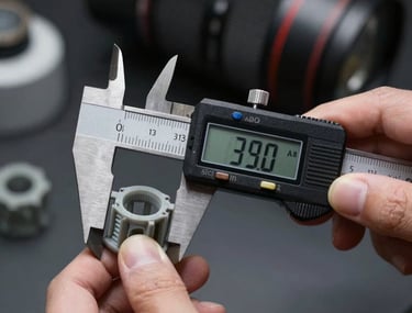 A close-up of a designer's hand using a high-precision digital caliper to measure a 3D-printed component. Professional lighting, technical focus.