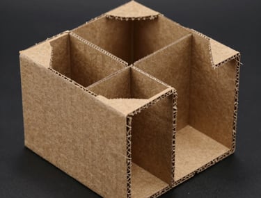 A professional product photograph of a complex cardboard structural insert for industrial electronics, showcasing precise folds and geometric strength. Minimal studio lighting against a dark charcoal background.