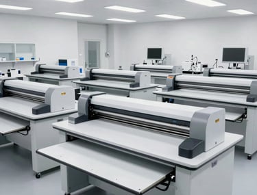 A wide shot of a modern, minimal packaging laboratory in Central Europe with clean white tables and large structural plotters. The atmosphere is professional and orderly.