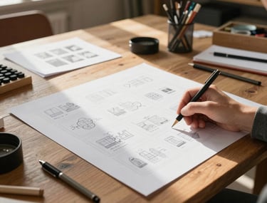 A wide shot of a designer reviewing a storyboard on a large wooden table in a sunlit studio, European French style, creative tools visible.