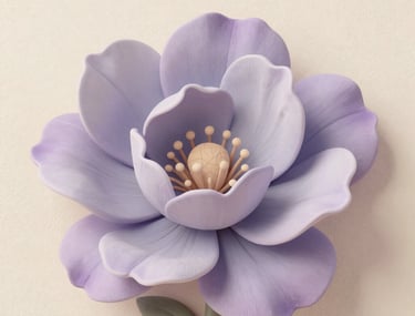 Soft 2D animation frame of a blooming flower merging into a cream texture, pastel lavender and light grey palette, elegant and artistic.