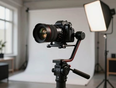 A sleek studio setup in a modern French loft, professional camera gear on a stabilizer, soft lighting, creative and professional mood.