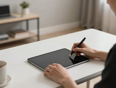 Minimalist workstation with a designer using a tablet, hands visible, modern French apartment interior, professional soft lighting.