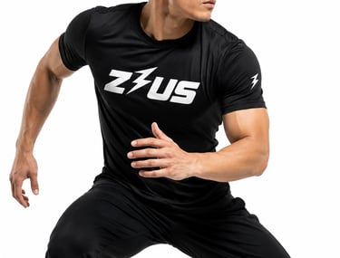Male athlete in black Zeus performance tee showing flexible men's gym wear NZ on a white background.