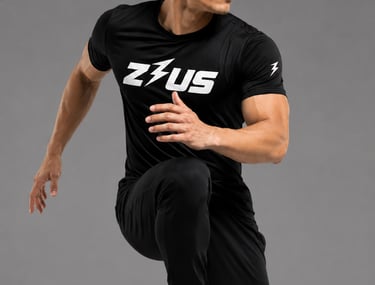 Athlete in black Zeus training tee performing a high-knee move in breathable men's activewear NZ.