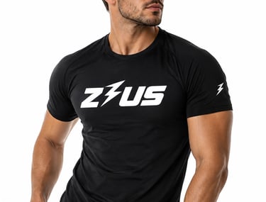 Male model in black Zeus gym t-shirt on white background showing premium men's activewear NZ.