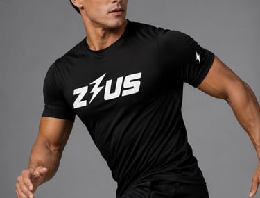 Male athlete in black Zeus performance tee on grey background showing athletic fit gym wear NZ.